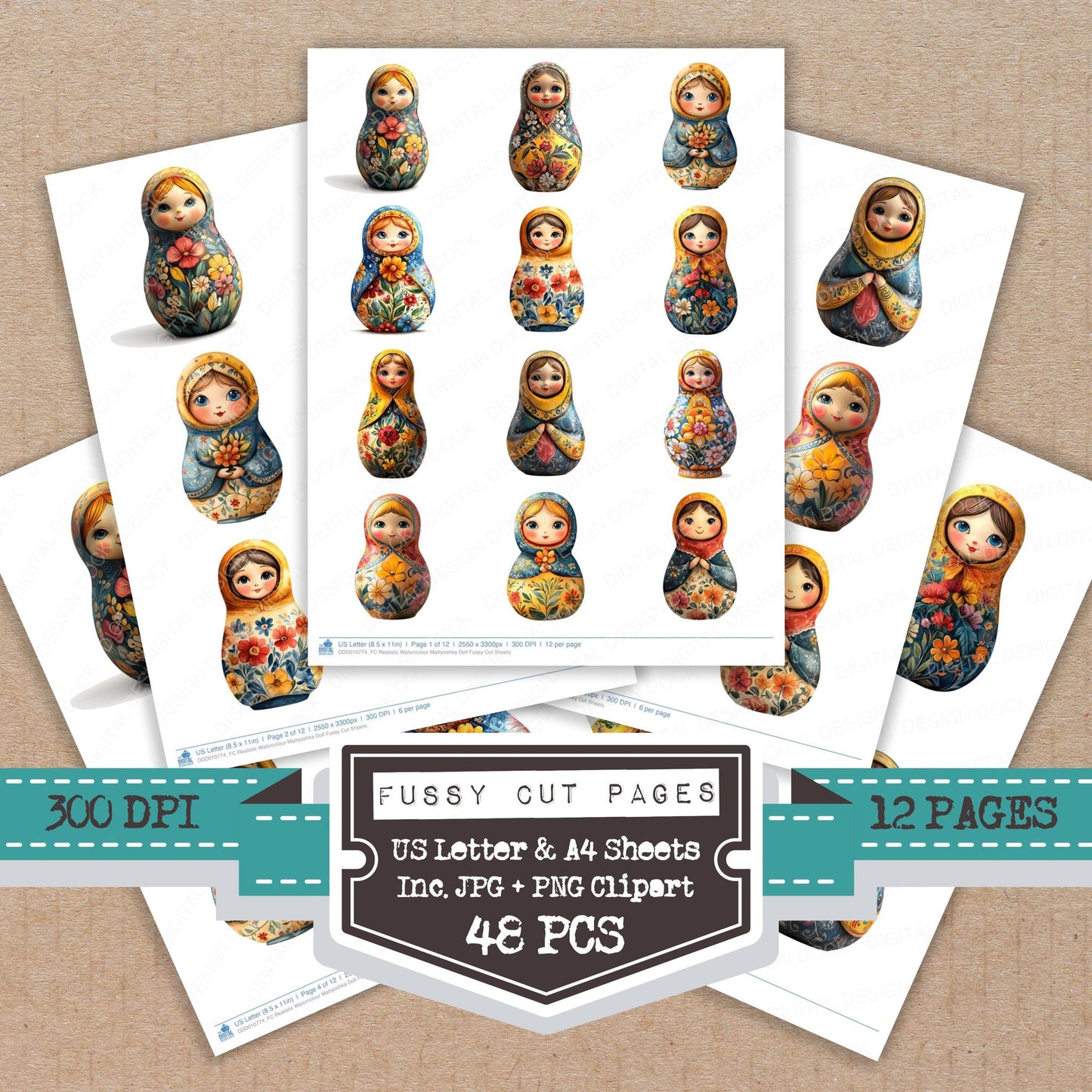 Realistic Watercolour Matryoshka Doll fussy cut printable sheets for junk journaling, scrapbooking, and paper craft projects
