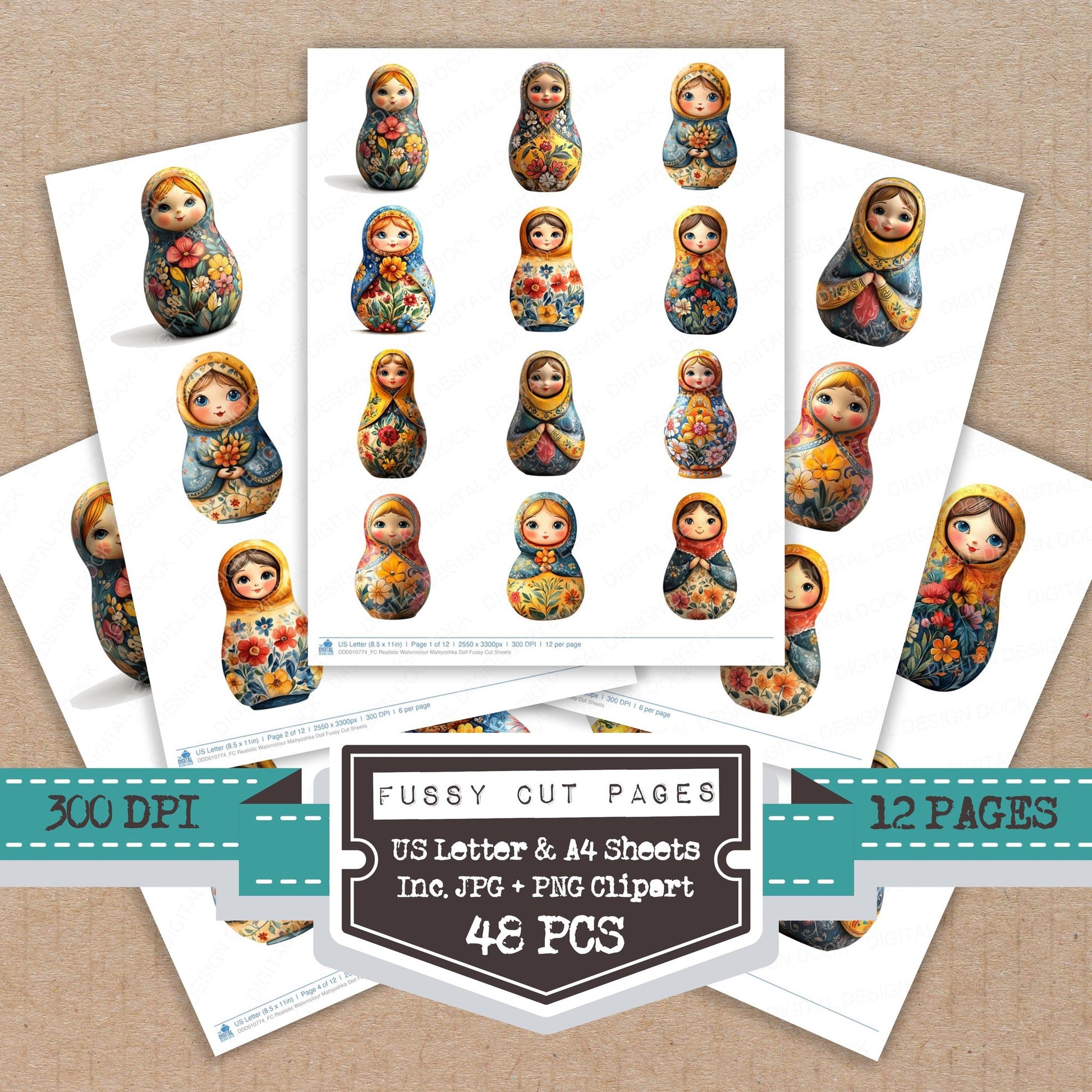 Realistic Watercolour Matryoshka Doll fussy cut printable sheets for junk journaling, scrapbooking, and paper craft projects