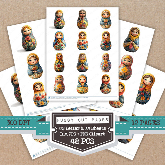 Realistic Watercolour Matryoshka Doll fussy cut printable sheets for junk journaling, scrapbooking, and paper craft projects