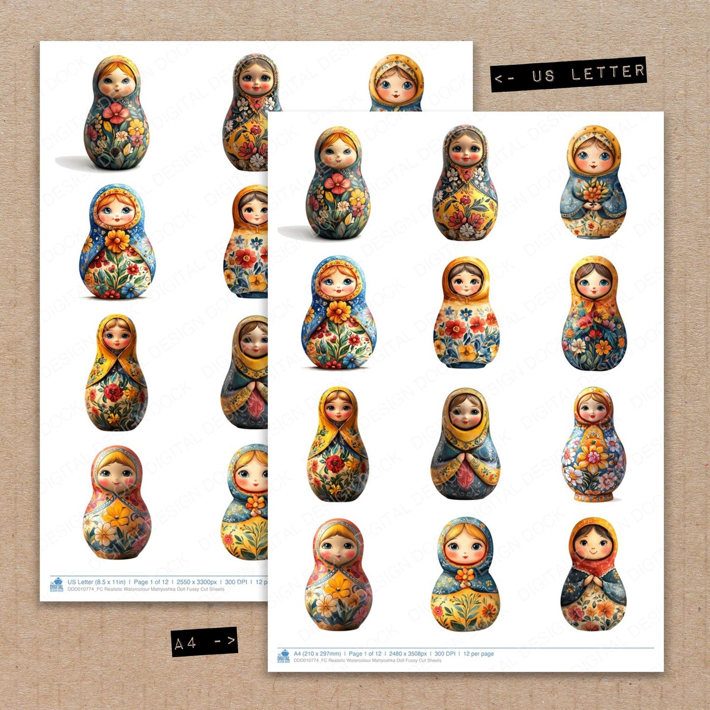 A4 and US Letter format comparison showing Realistic Watercolour Matryoshka Doll fussy cut pages for print and cut crafting