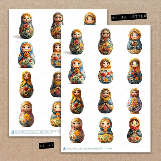 A4 and US Letter format comparison showing Realistic Watercolour Matryoshka Doll fussy cut pages for print and cut crafting