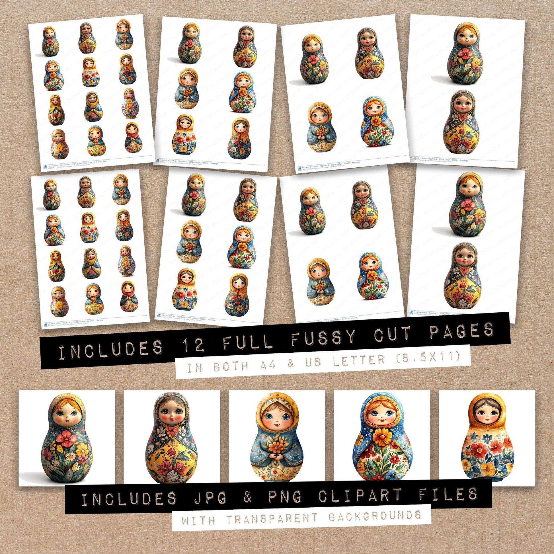 Full collection view of Realistic Watercolour Matryoshka Doll fussy cut sheets with bonus clipart JPG and PNG files