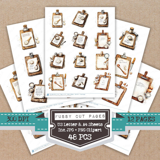 Recipe Clipboard with Flour fussy cut printable sheets for junk journaling, scrapbooking, and paper craft projects
