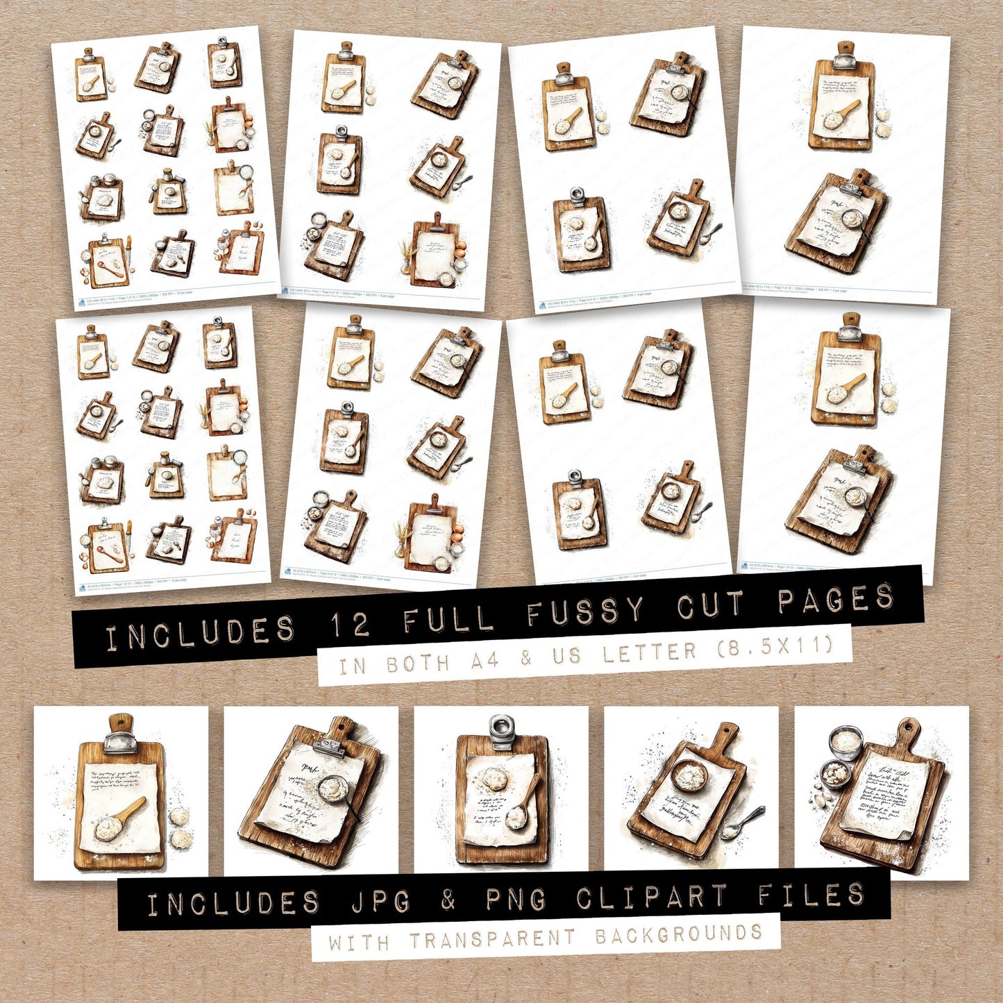 Full collection view of Recipe Clipboard with Flour fussy cut sheets with bonus clipart JPG and PNG files