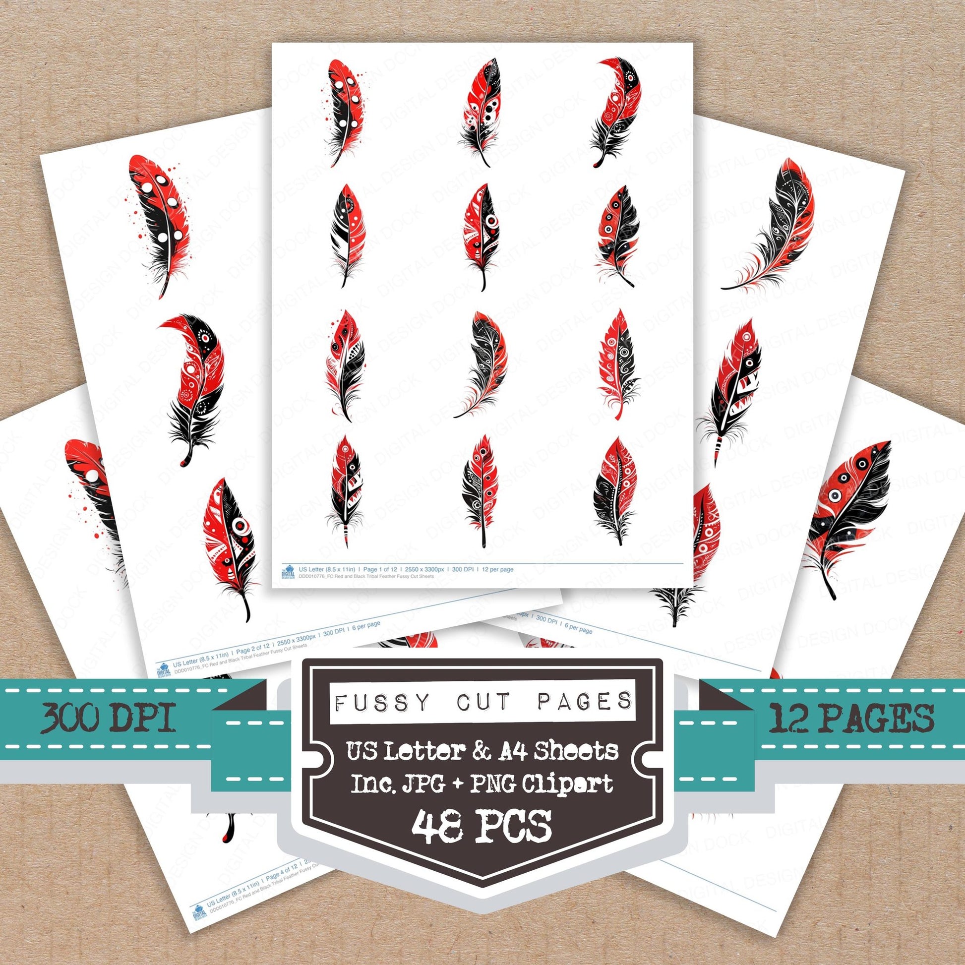 Red and Black Tribal Feather fussy cut printable sheets for junk journaling, scrapbooking, and paper craft projects