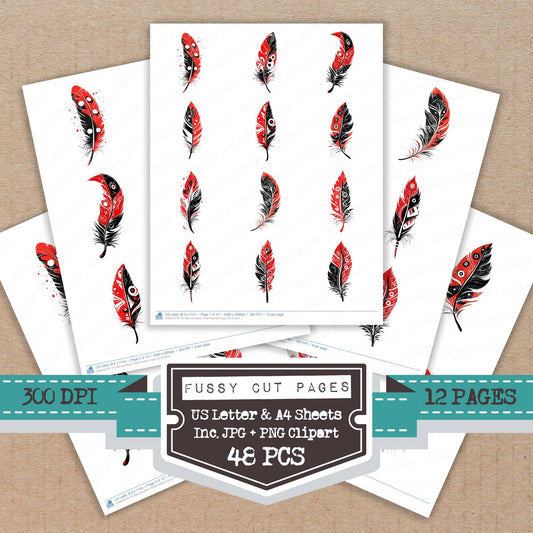 Red and Black Tribal Feather fussy cut printable sheets for junk journaling, scrapbooking, and paper craft projects