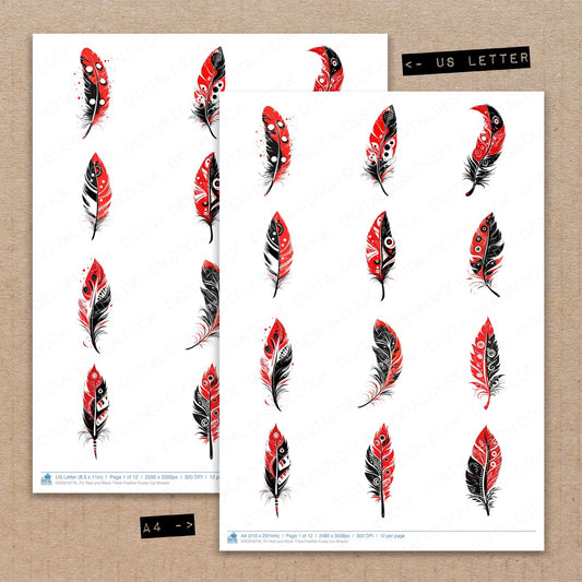 A4 and US Letter format comparison showing Red and Black Tribal Feather fussy cut pages for print and cut crafting