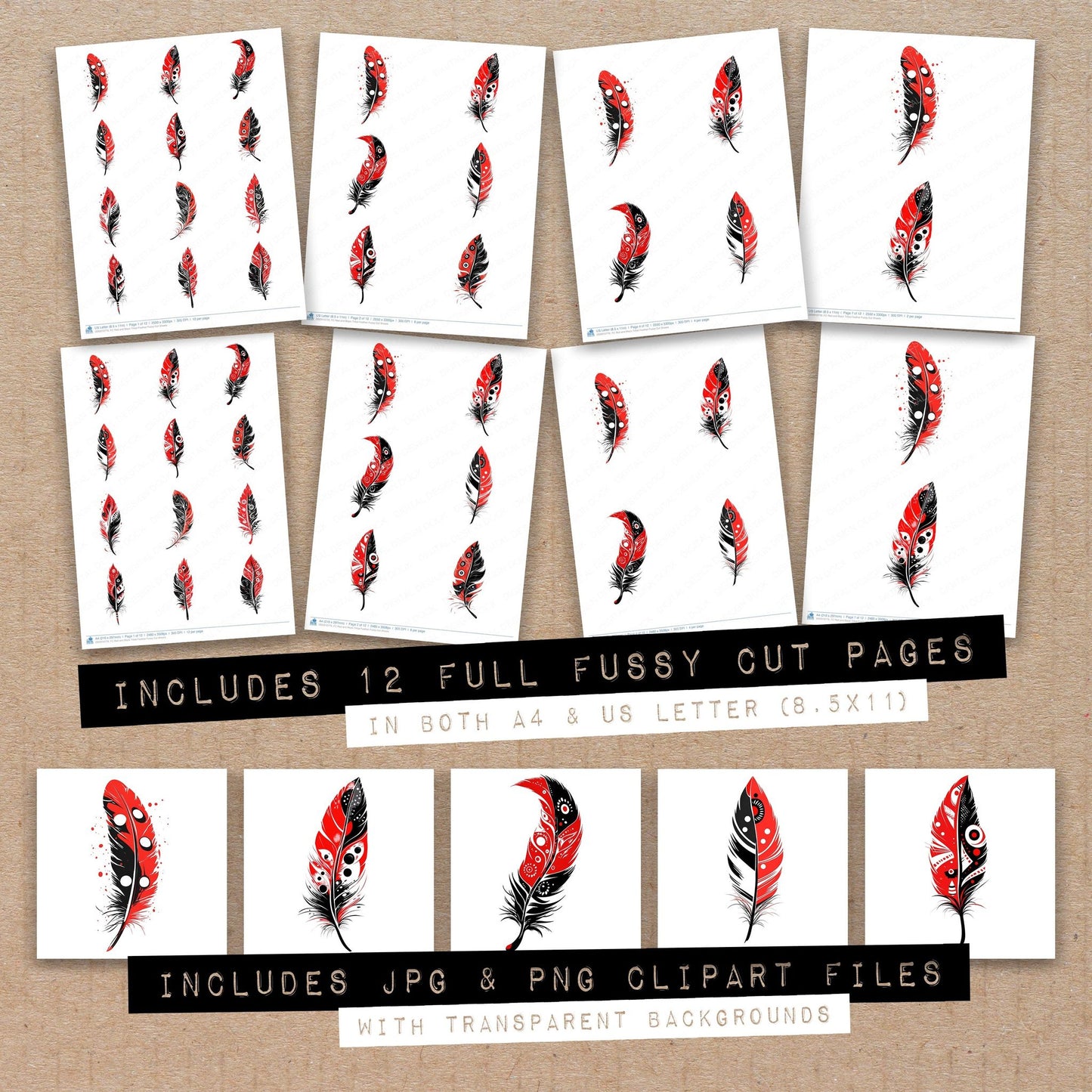 Full collection view of Red and Black Tribal Feather fussy cut sheets with bonus clipart JPG and PNG files