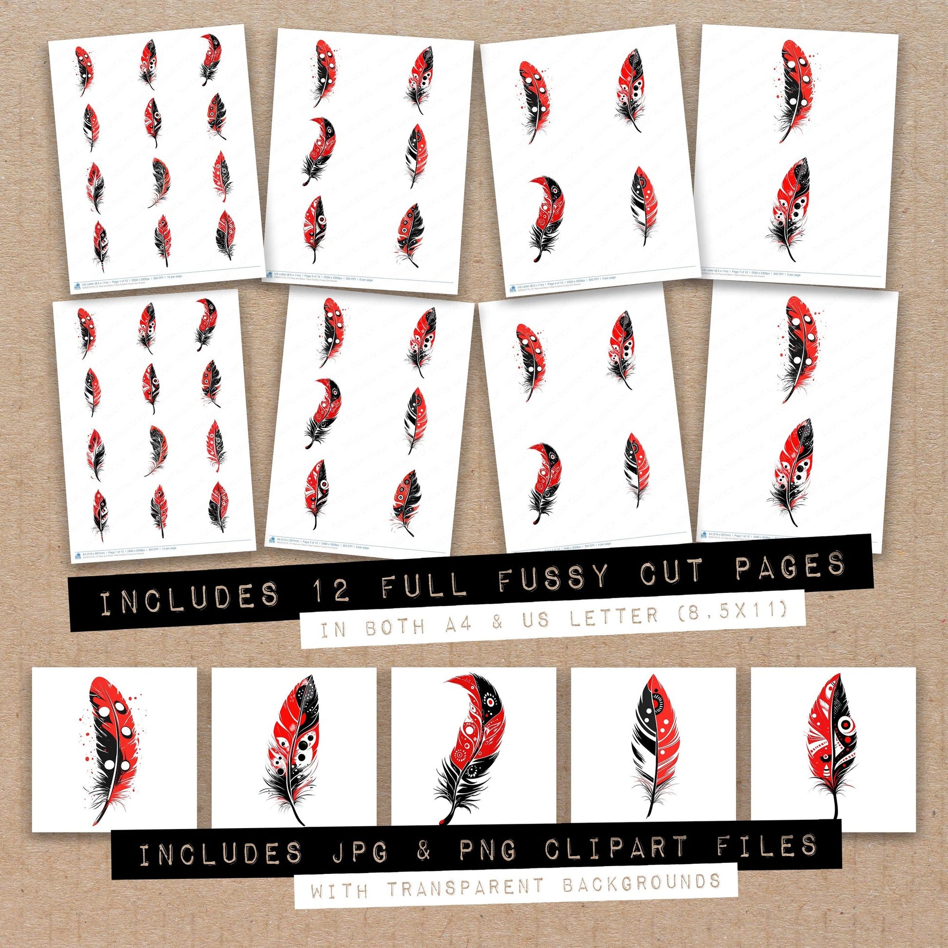 Full collection view of Red and Black Tribal Feather fussy cut sheets with bonus clipart JPG and PNG files