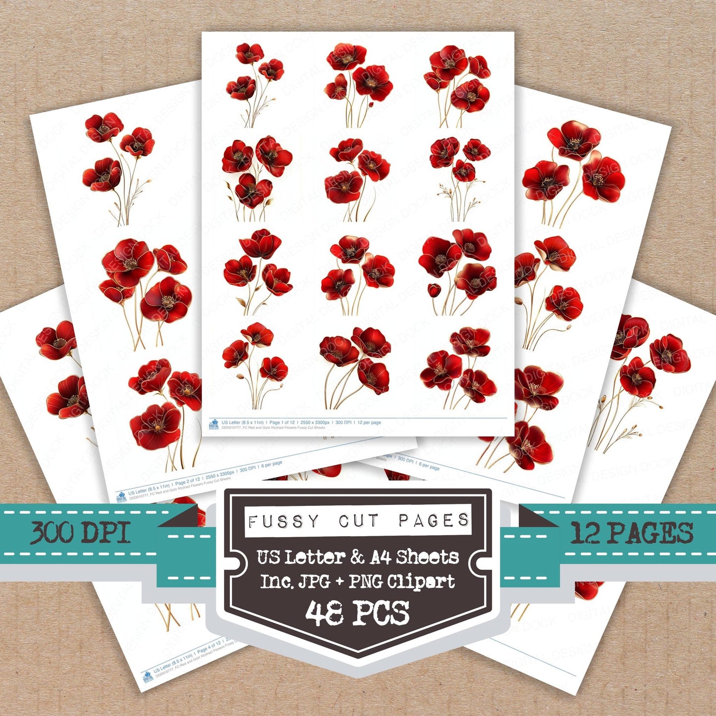 Red and Gold Abstract Flowers fussy cut printable sheets for junk journaling, scrapbooking, and paper craft projects
