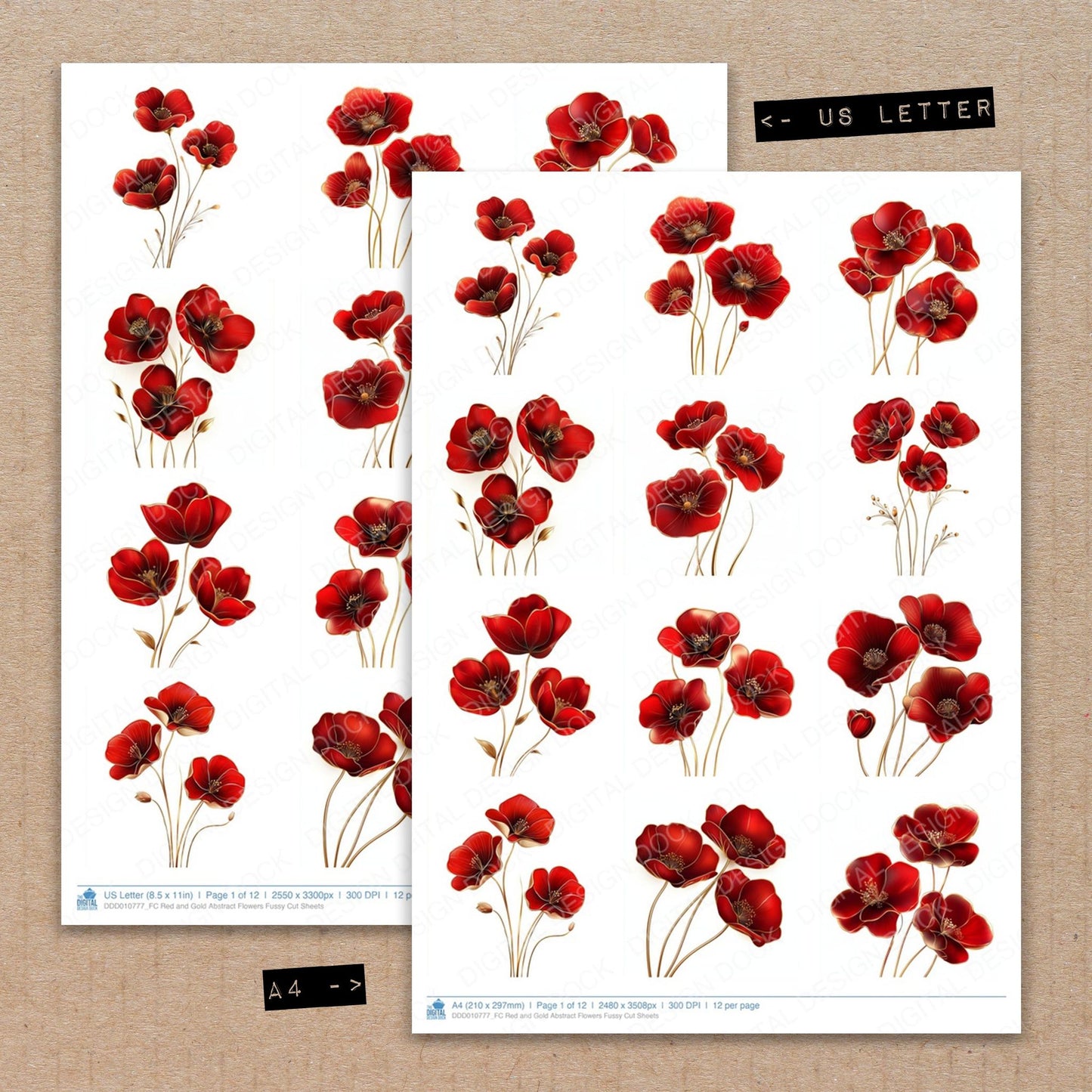 A4 and US Letter format comparison showing Red and Gold Abstract Flowers fussy cut pages for print and cut crafting