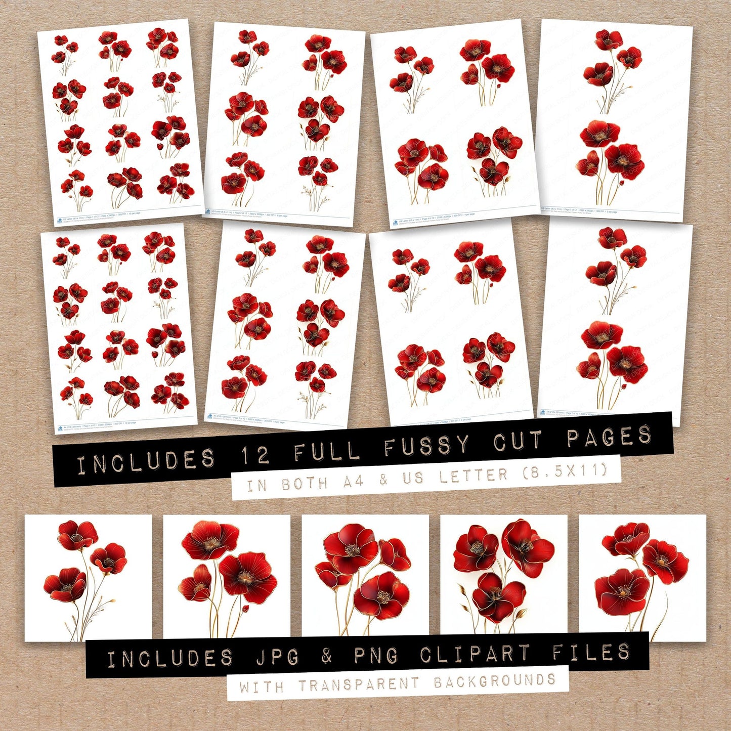 Full collection view of Red and Gold Abstract Flowers fussy cut sheets with bonus clipart JPG and PNG files