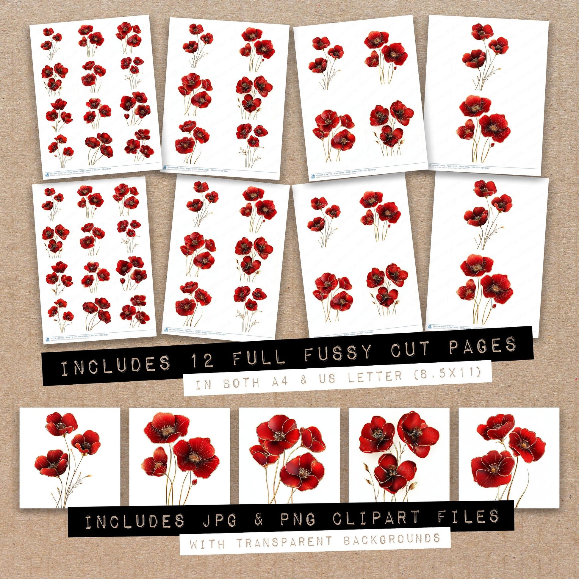 Full collection view of Red and Gold Abstract Flowers fussy cut sheets with bonus clipart JPG and PNG files