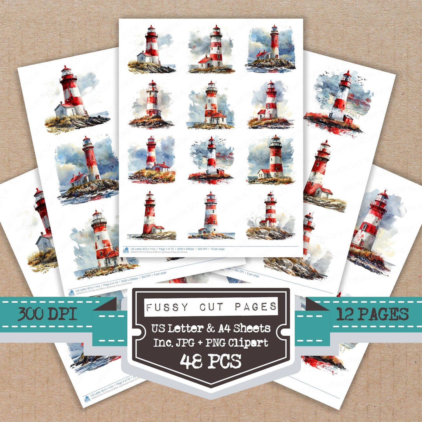 Red and White Lighthouse fussy cut printable sheets for junk journaling, scrapbooking, and paper craft projects