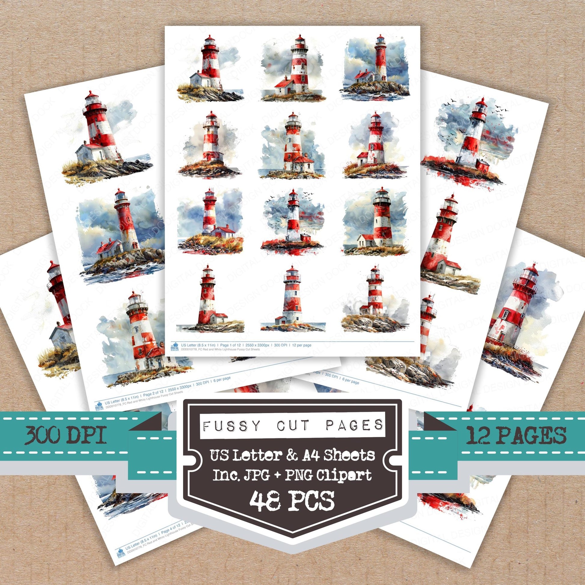 Red and White Lighthouse fussy cut printable sheets for junk journaling, scrapbooking, and paper craft projects