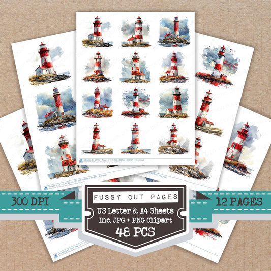 Red and White Lighthouse fussy cut printable sheets for junk journaling, scrapbooking, and paper craft projects