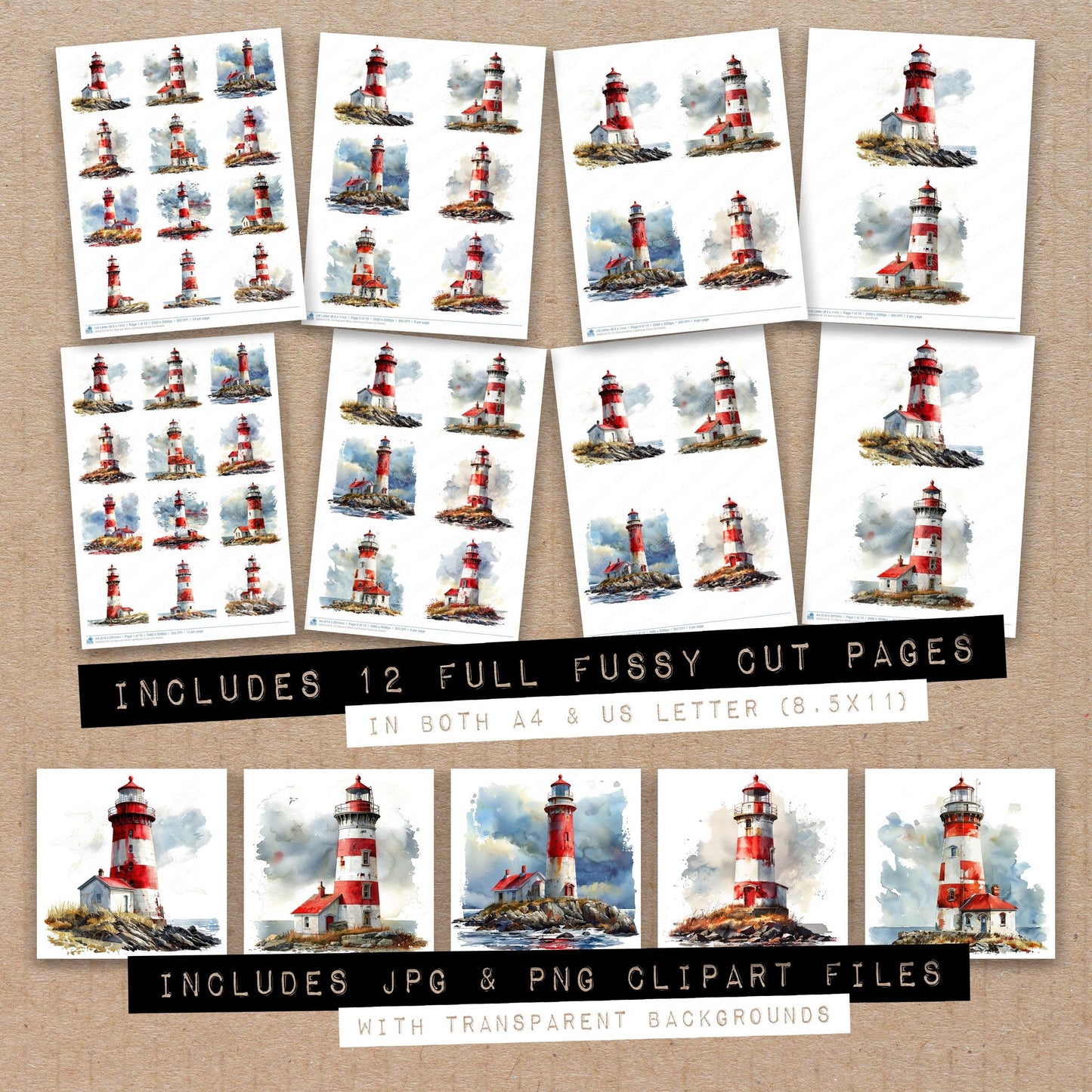 Full collection view of Red and White Lighthouse fussy cut sheets with bonus clipart JPG and PNG files
