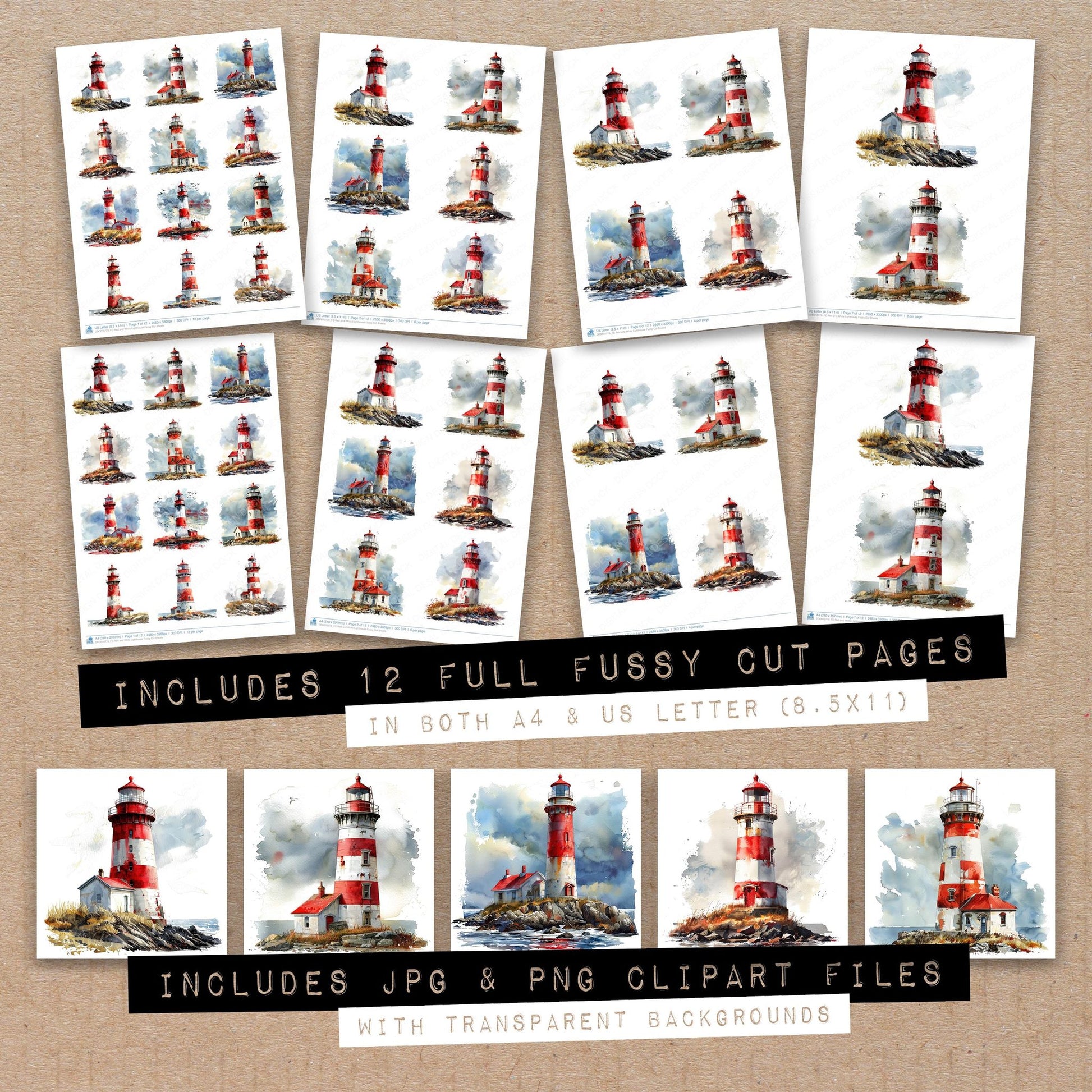 Full collection view of Red and White Lighthouse fussy cut sheets with bonus clipart JPG and PNG files