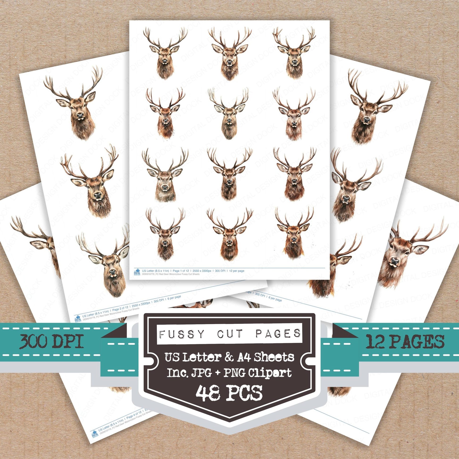 Red Deer Watercolour fussy cut printable sheets for junk journaling, scrapbooking, and paper craft projects