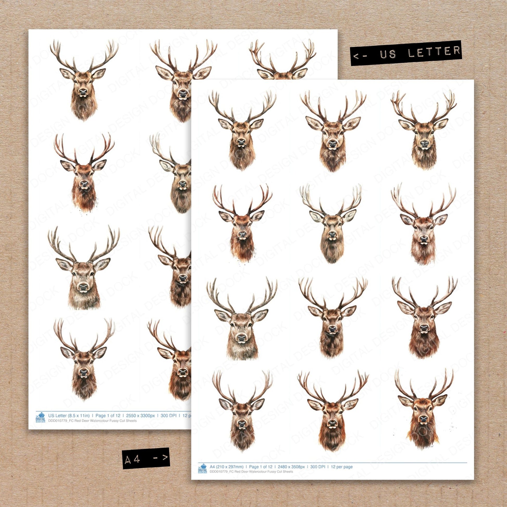 A4 and US Letter format comparison showing Red Deer Watercolour fussy cut pages for print and cut crafting