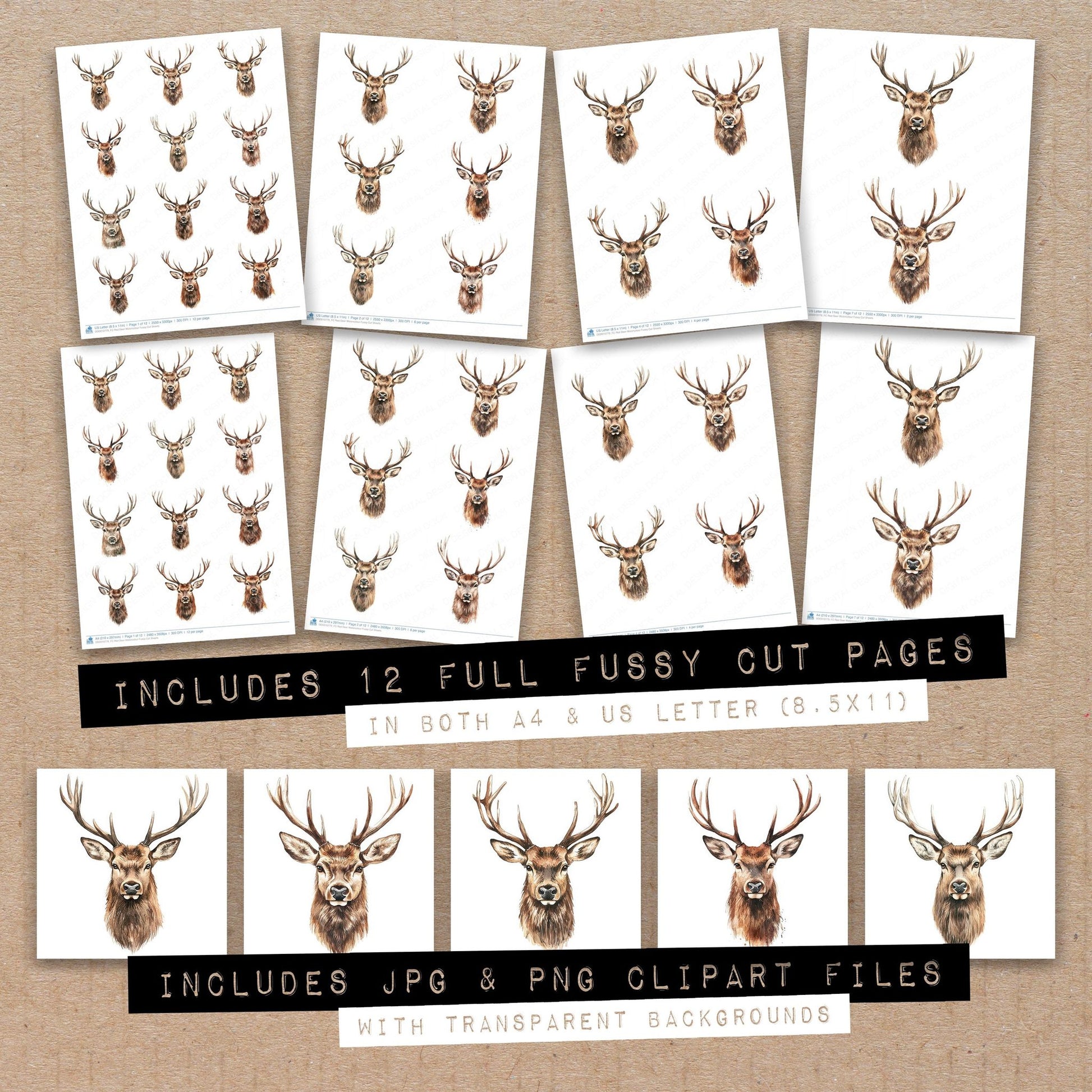 Full collection view of Red Deer Watercolour fussy cut sheets with bonus clipart JPG and PNG files