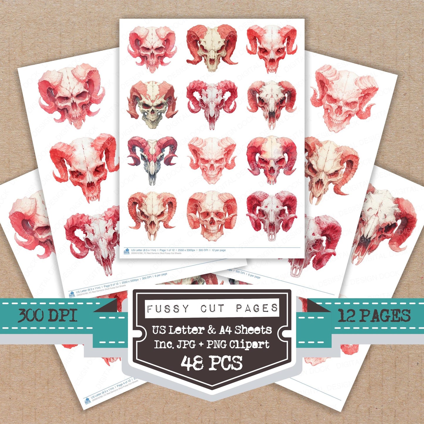Red Demonic Skull fussy cut printable sheets for junk journaling, scrapbooking, and paper craft projects
