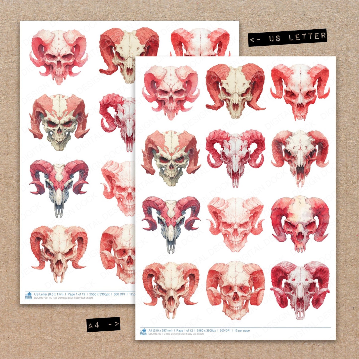 A4 and US Letter format comparison showing Red Demonic Skull fussy cut pages for print and cut crafting