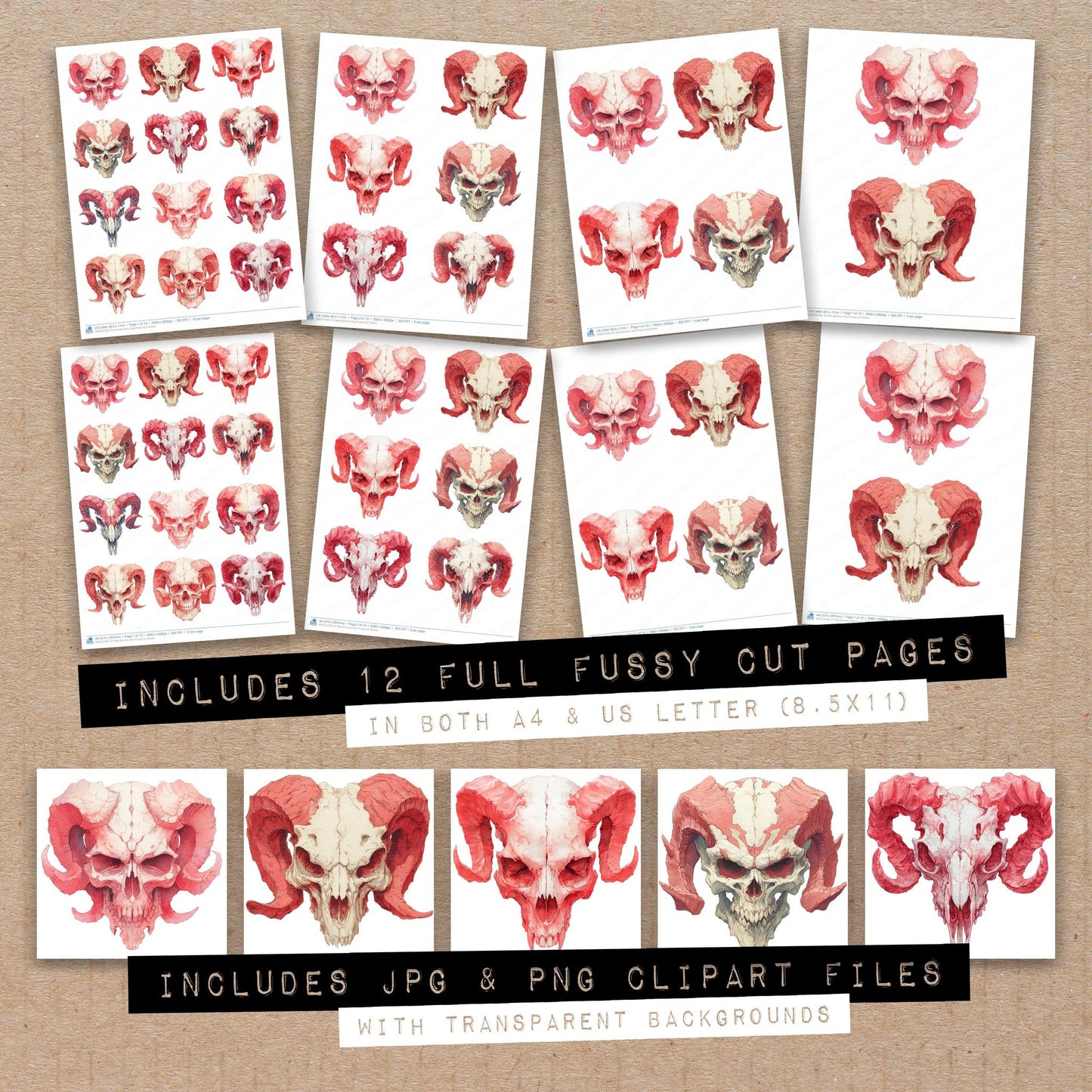 Full collection view of Red Demonic Skull fussy cut sheets with bonus clipart JPG and PNG files