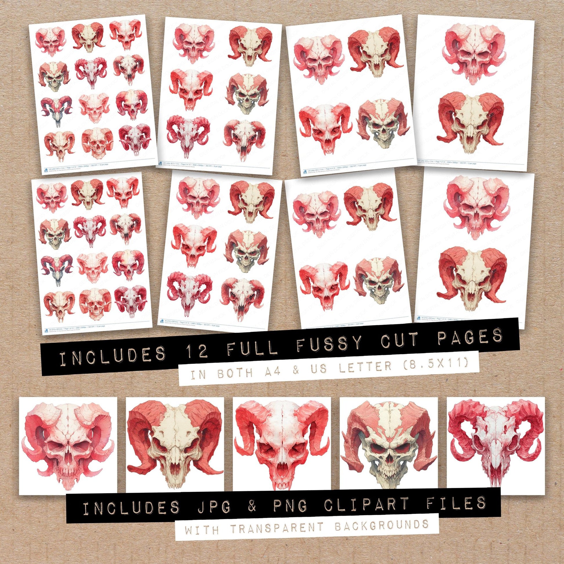Full collection view of Red Demonic Skull fussy cut sheets with bonus clipart JPG and PNG files