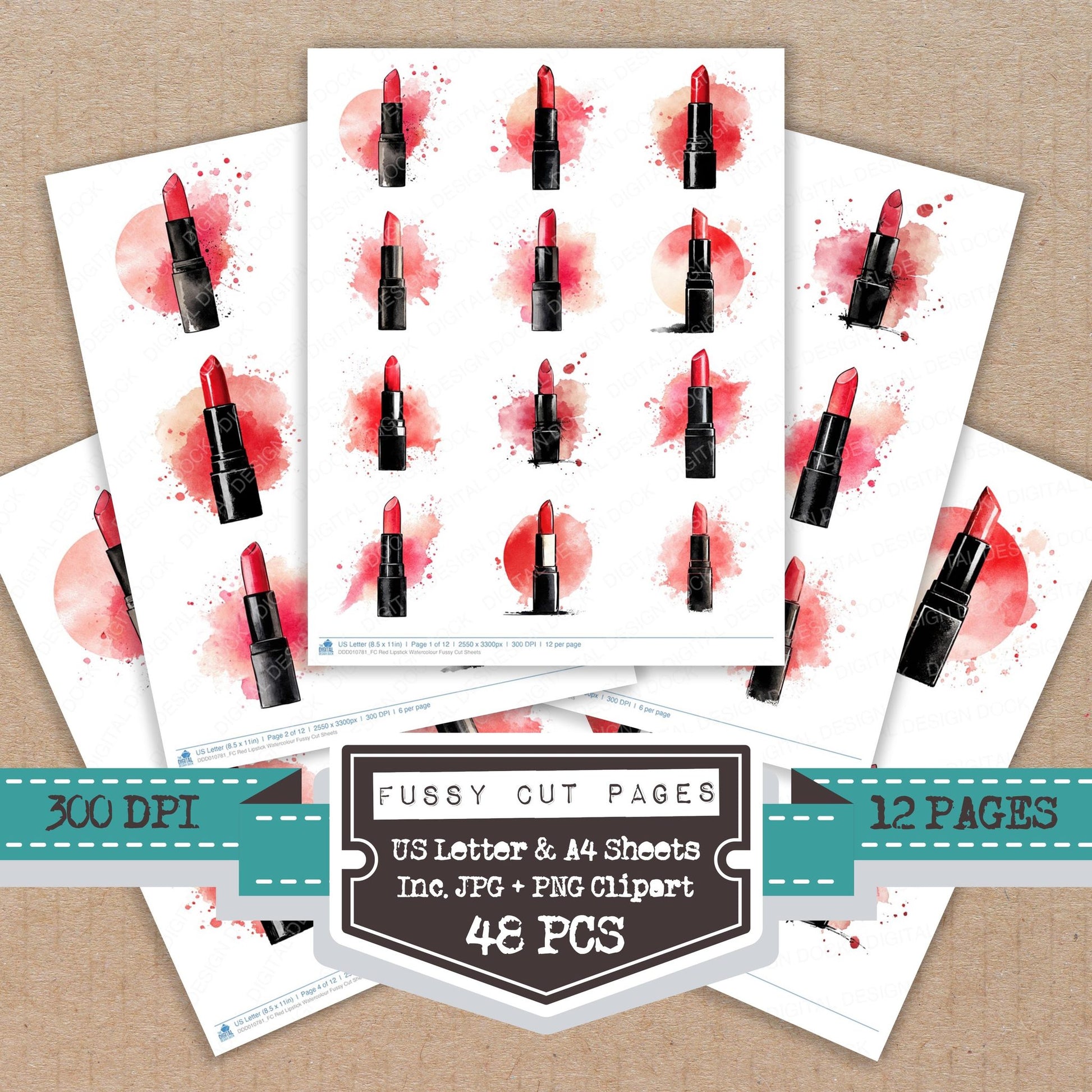 Red Lipstick Watercolour fussy cut printable sheets for junk journaling, scrapbooking, and paper craft projects