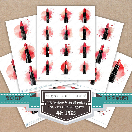 Red Lipstick Watercolour fussy cut printable sheets for junk journaling, scrapbooking, and paper craft projects