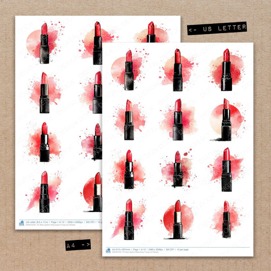 A4 and US Letter format comparison showing Red Lipstick Watercolour fussy cut pages for print and cut crafting