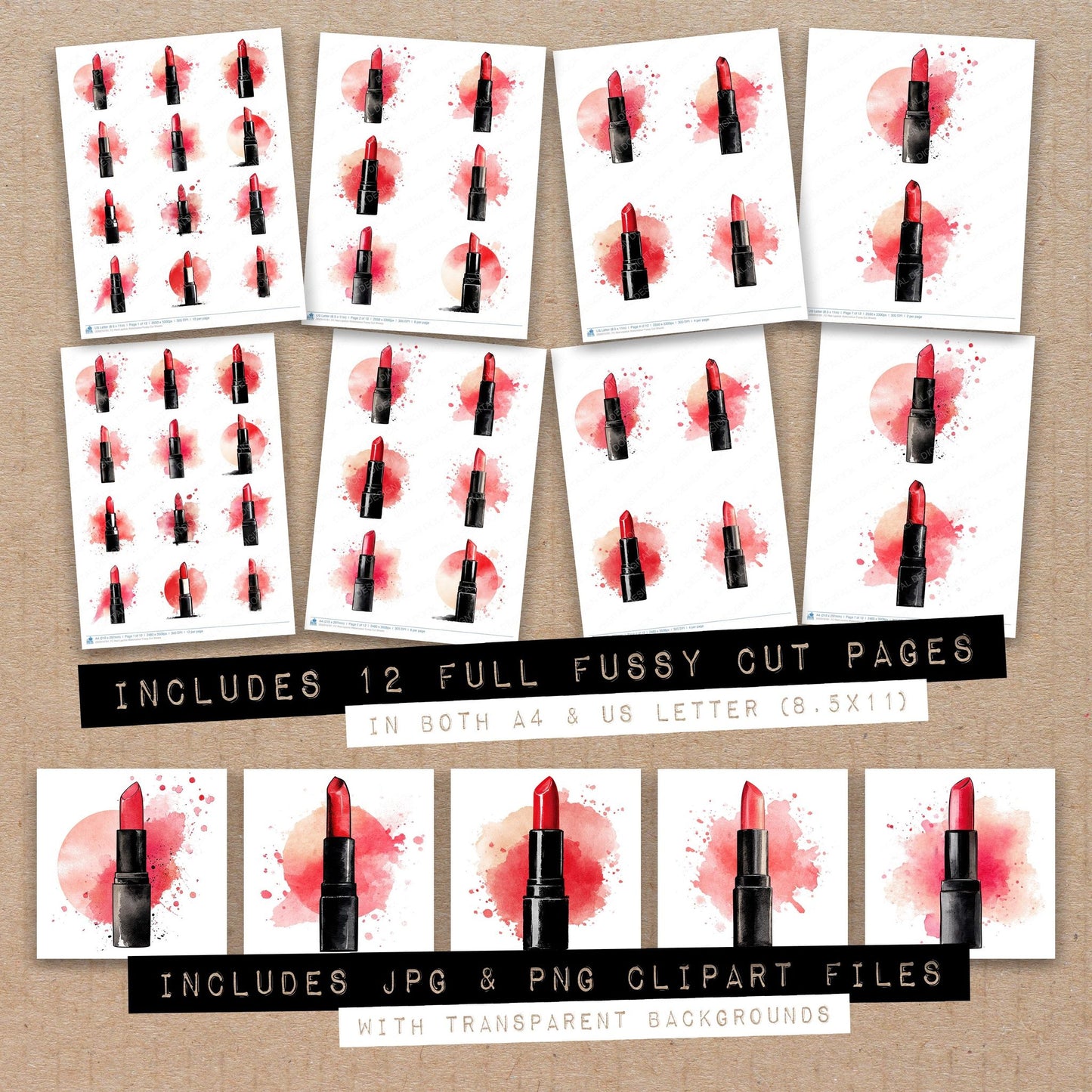 Full collection view of Red Lipstick Watercolour fussy cut sheets with bonus clipart JPG and PNG files