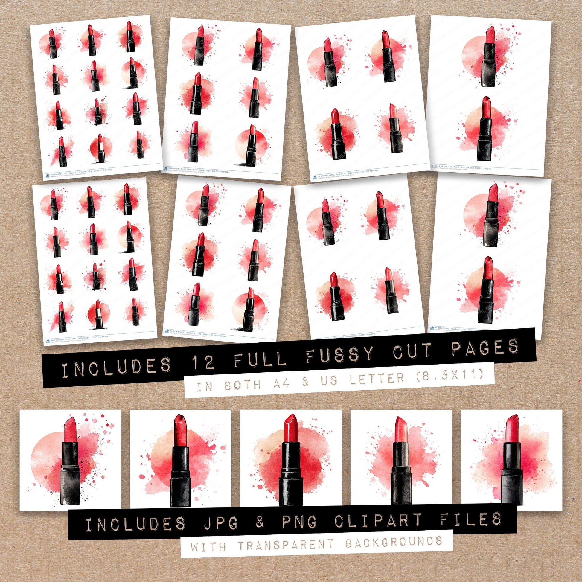 Full collection view of Red Lipstick Watercolour fussy cut sheets with bonus clipart JPG and PNG files