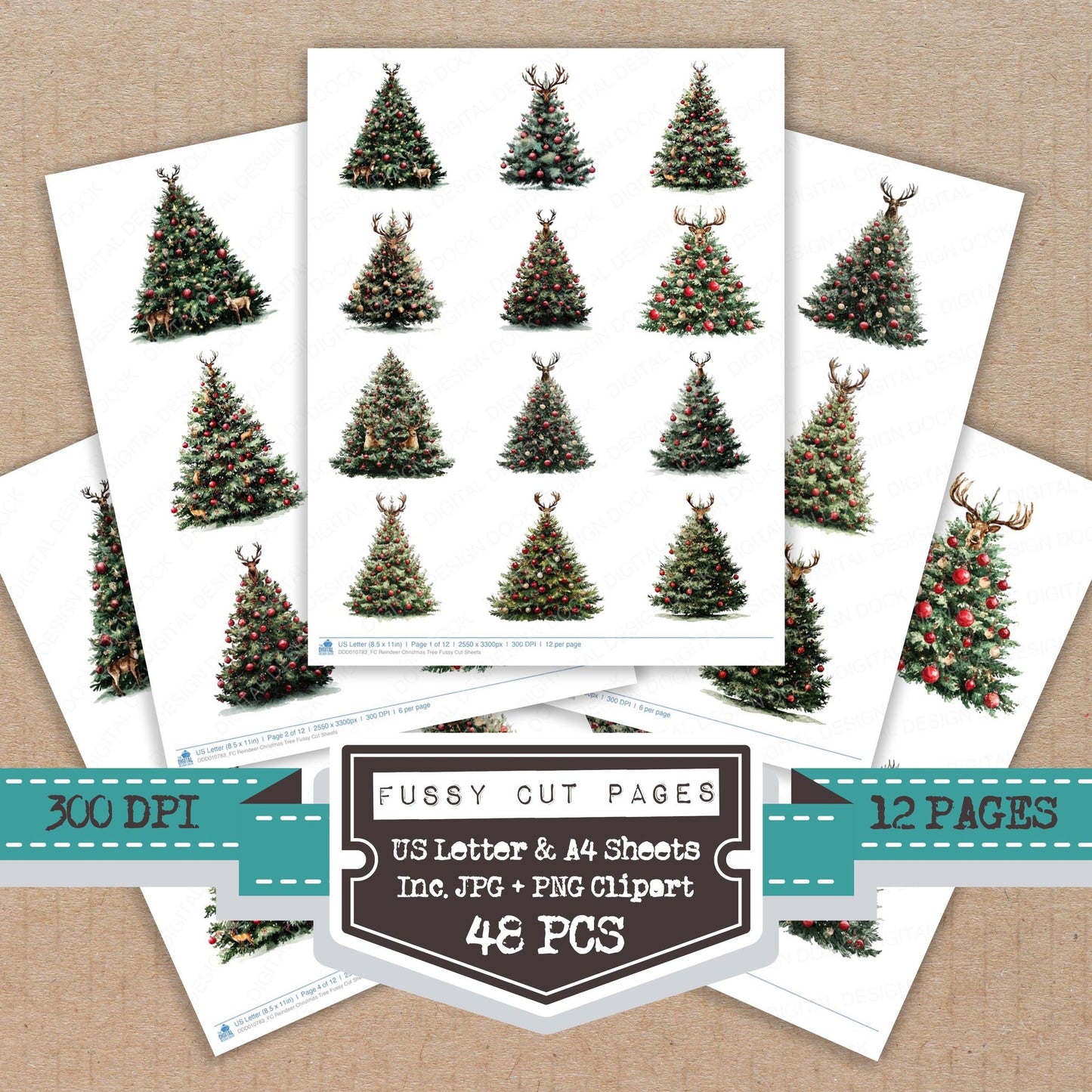 Reindeer Christmas Tree fussy cut printable sheets for junk journaling, scrapbooking, and paper craft projects