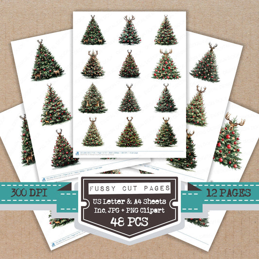 Reindeer Christmas Tree fussy cut printable sheets for junk journaling, scrapbooking, and paper craft projects