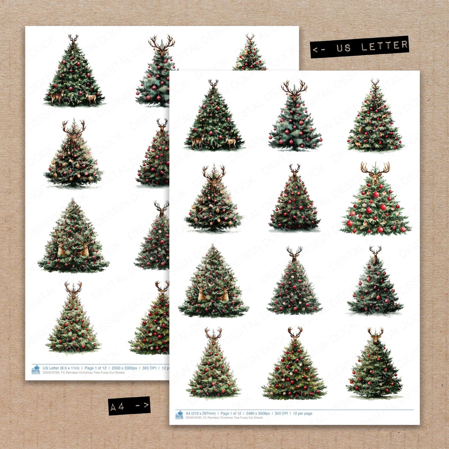 A4 and US Letter format comparison showing Reindeer Christmas Tree fussy cut pages for print and cut crafting
