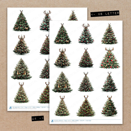 A4 and US Letter format comparison showing Reindeer Christmas Tree fussy cut pages for print and cut crafting