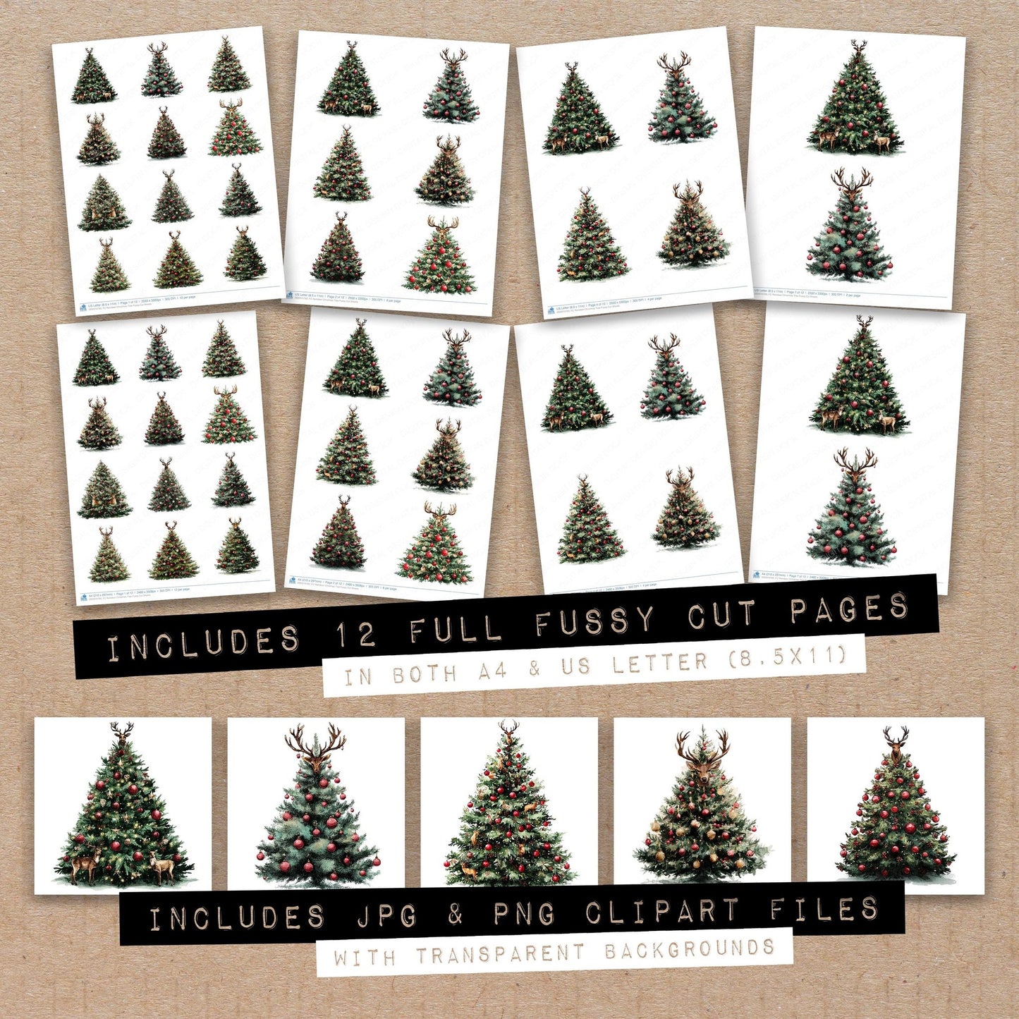 Full collection view of Reindeer Christmas Tree fussy cut sheets with bonus clipart JPG and PNG files