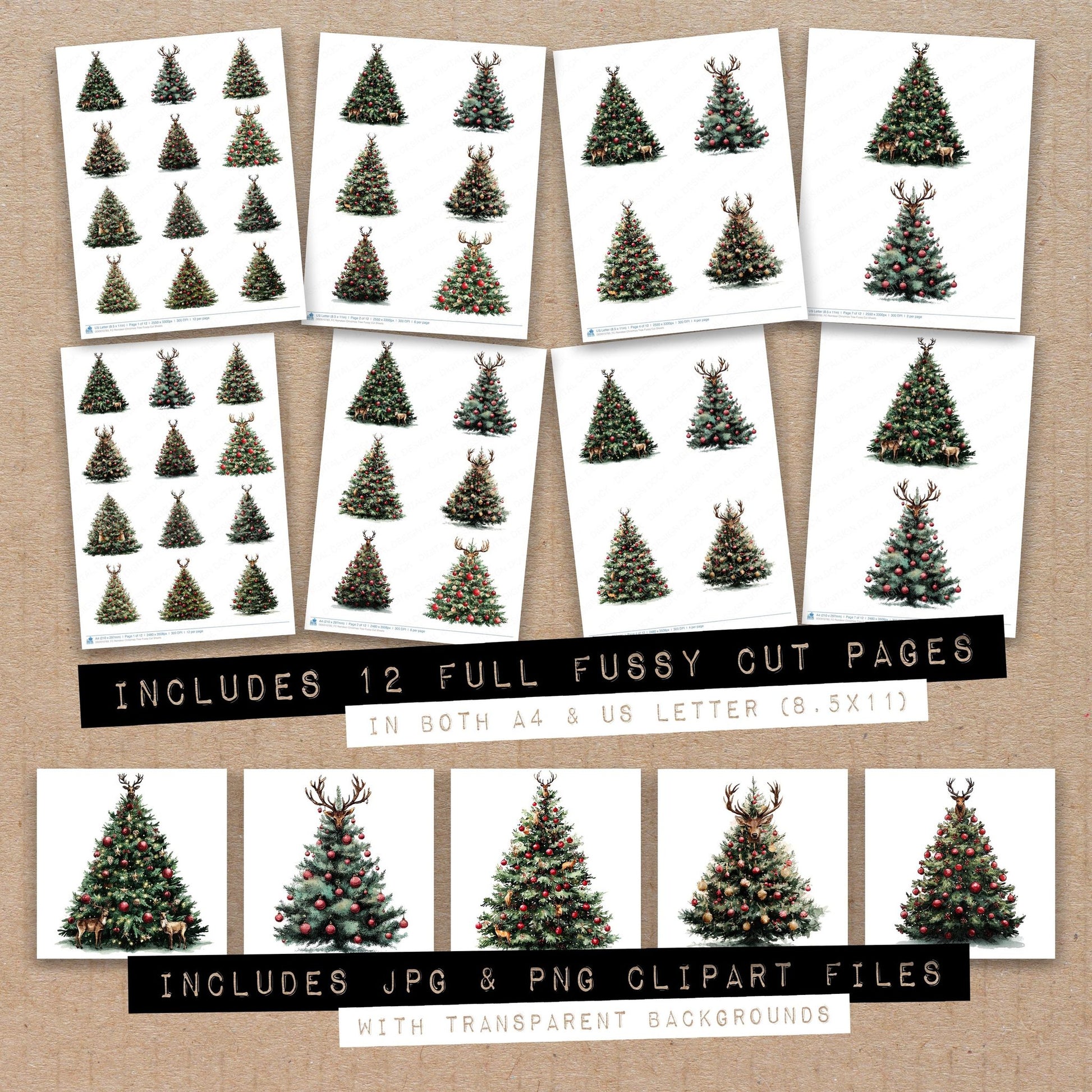 Full collection view of Reindeer Christmas Tree fussy cut sheets with bonus clipart JPG and PNG files
