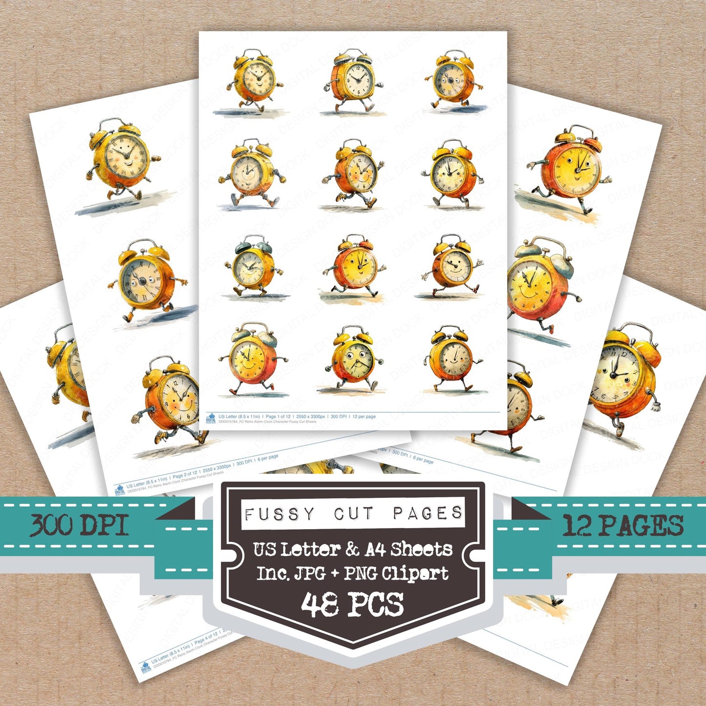 Retro Alarm Clock Character fussy cut printable sheets for junk journaling, scrapbooking, and paper craft projects