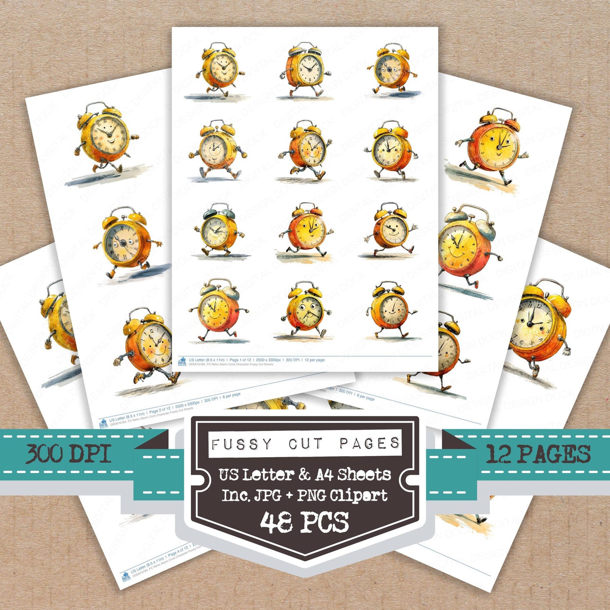 Retro Alarm Clock Character fussy cut printable sheets for junk journaling, scrapbooking, and paper craft projects