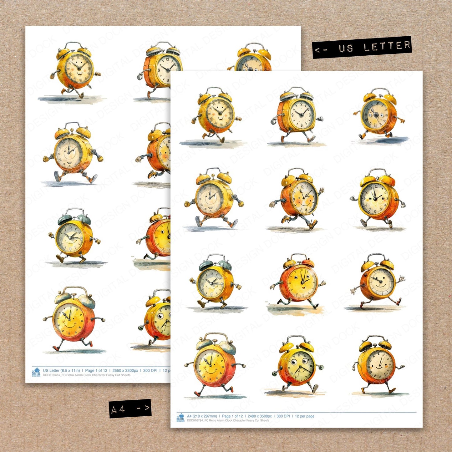 A4 and US Letter format comparison showing Retro Alarm Clock Character fussy cut pages for print and cut crafting