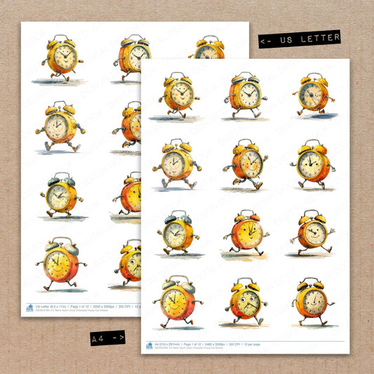 A4 and US Letter format comparison showing Retro Alarm Clock Character fussy cut pages for print and cut crafting