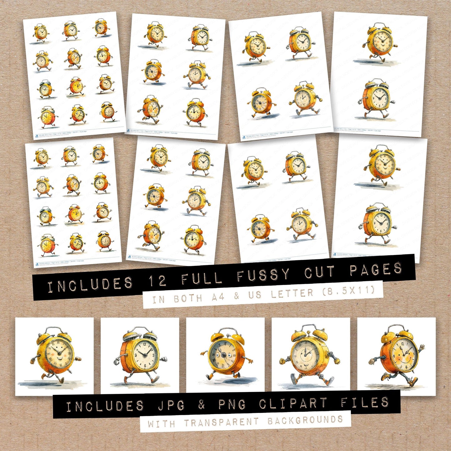 Full collection view of Retro Alarm Clock Character fussy cut sheets with bonus clipart JPG and PNG files