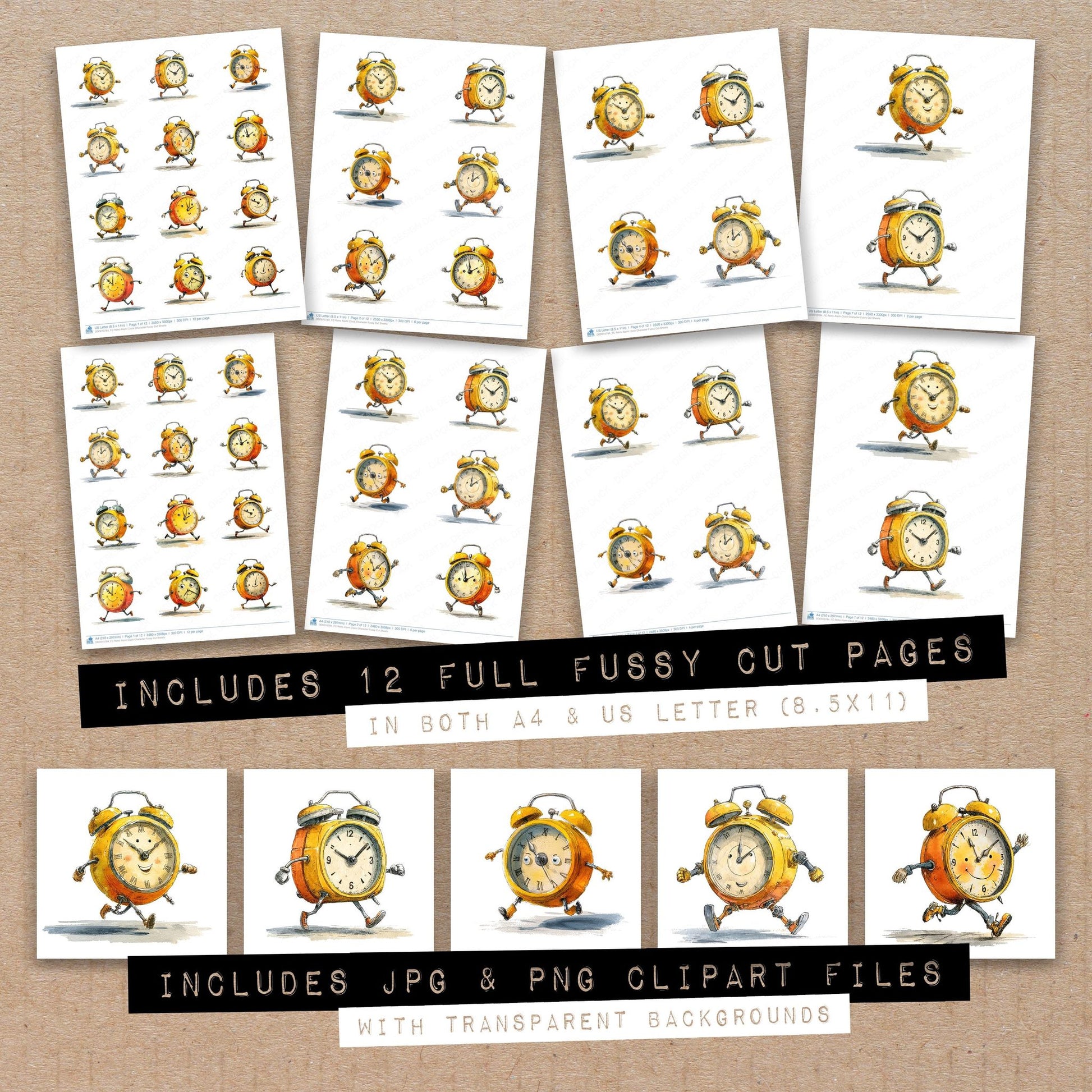 Full collection view of Retro Alarm Clock Character fussy cut sheets with bonus clipart JPG and PNG files