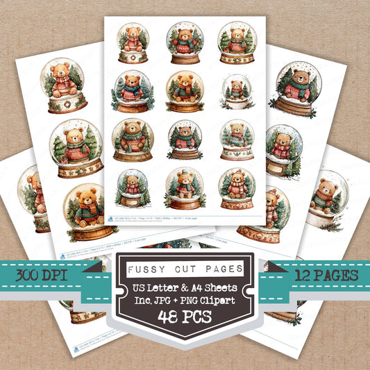 Retro Bear Snow Globe fussy cut printable sheets for junk journaling, scrapbooking, and paper craft projects