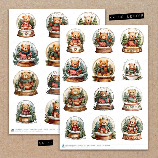 A4 and US Letter format comparison showing Retro Bear Snow Globe fussy cut pages for print and cut crafting
