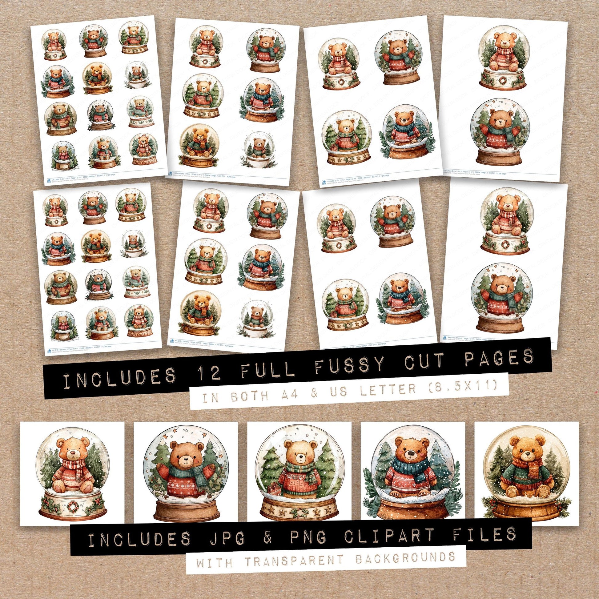 Full collection view of Retro Bear Snow Globe fussy cut sheets with bonus clipart JPG and PNG files