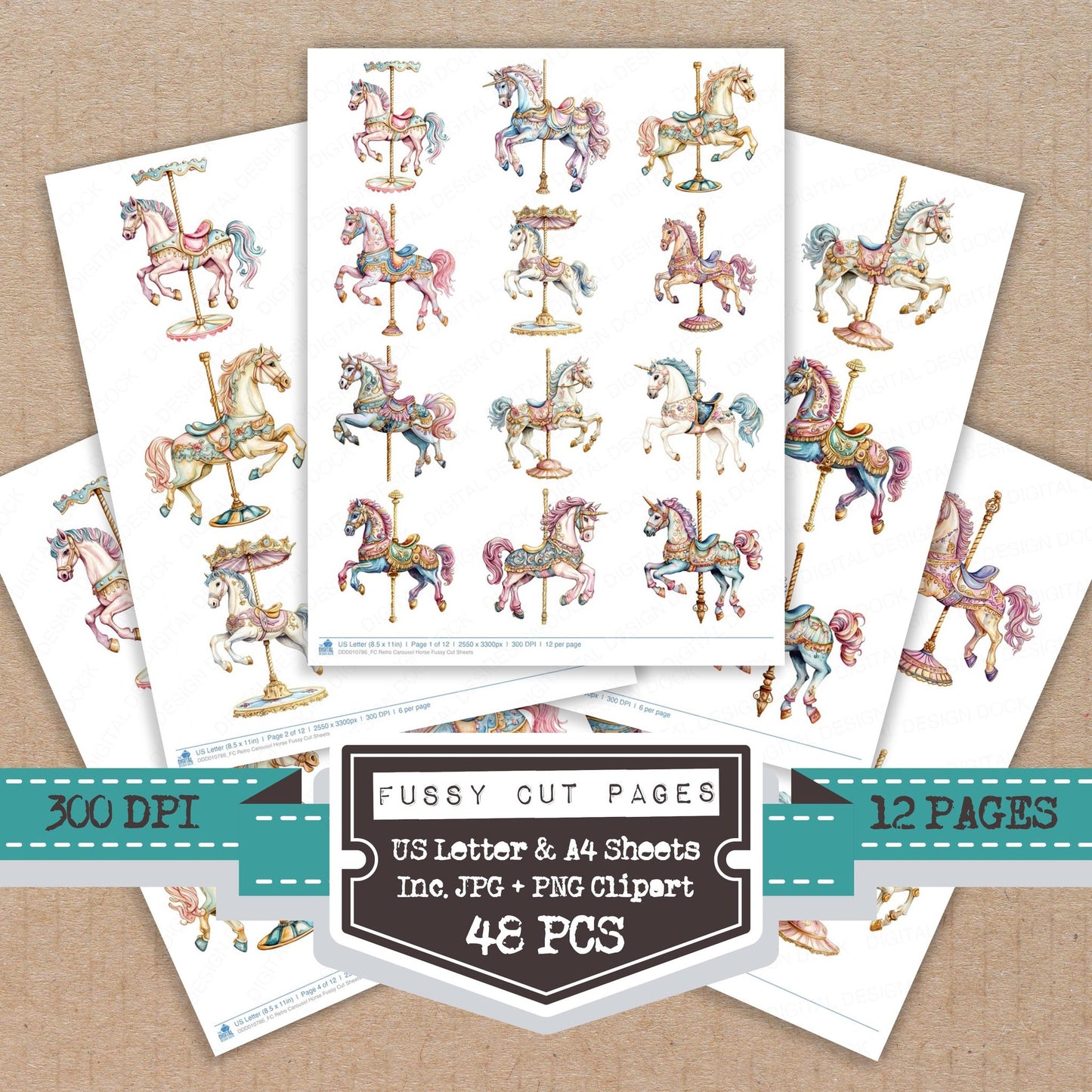 Retro Carousel Horse fussy cut printable sheets for junk journaling, scrapbooking, and paper craft projects